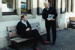 Psst, want to buy some dirty pictures - Neil Molyneux & Fred Blundell outside Aros Hall